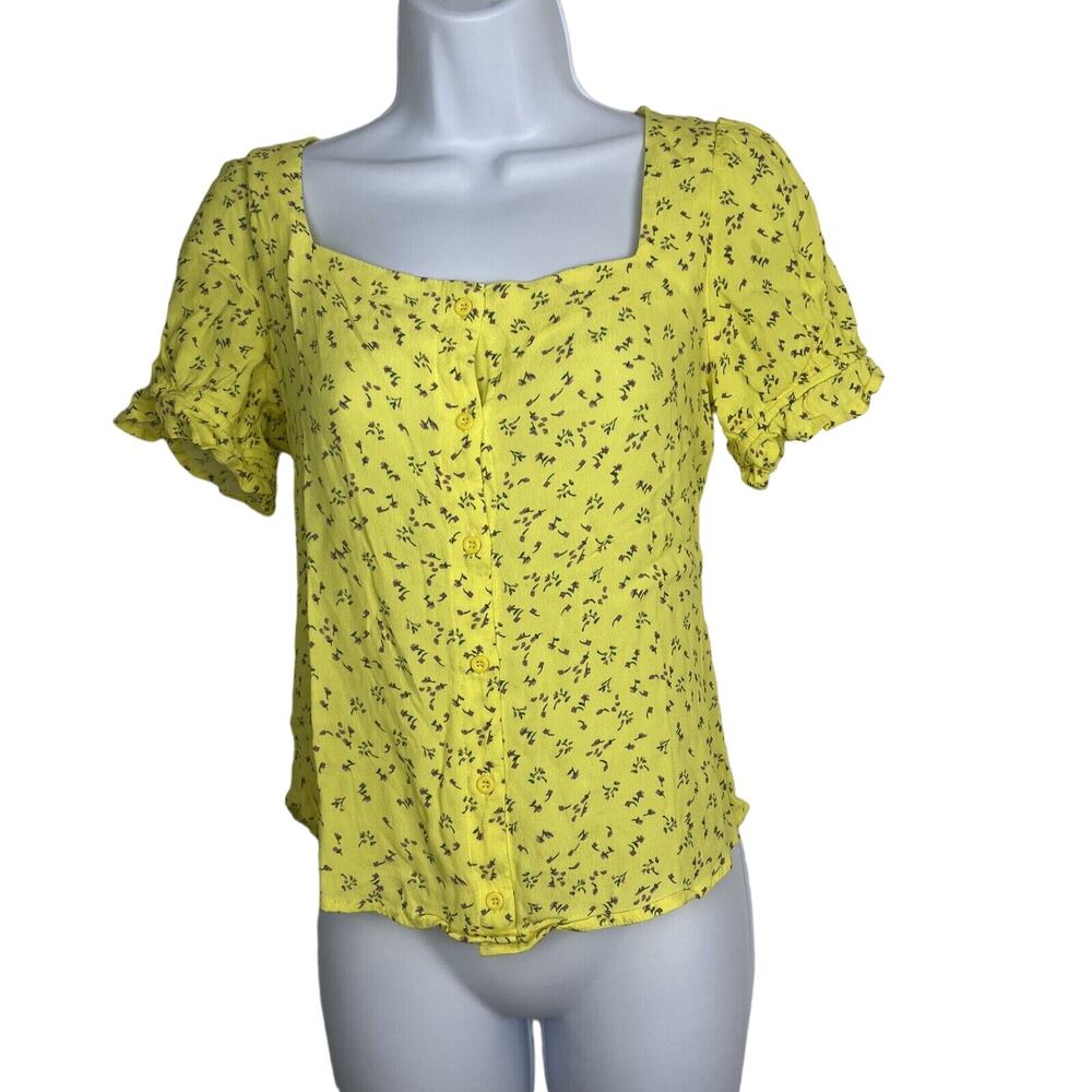 Elodie Blouse Size XS Yellow Floral Square Neckline Short Puff Sleeve Button Up